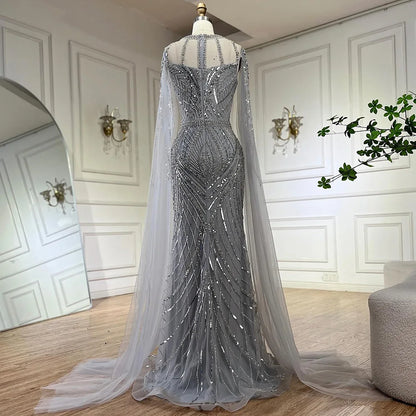 Arabic Gray Mermaid Evening Dress With Beaded Elegant Cape Sleeves Gown For Formal Occasion LA72611