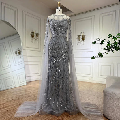 Arabic Gray Mermaid Evening Dress With Beaded Elegant Cape Sleeves Gown For Formal Occasion LA72611