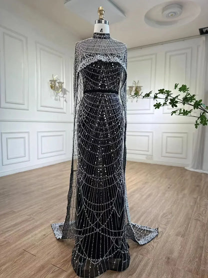 Designer Nude Mermaid Long Cape Luxury Evening Dress LA72032
