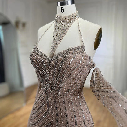 Caramel Mermaid Halter Sleeveless With Gloves Beaded Evening Gowns  Elegant Party Dresses For Women LA72232