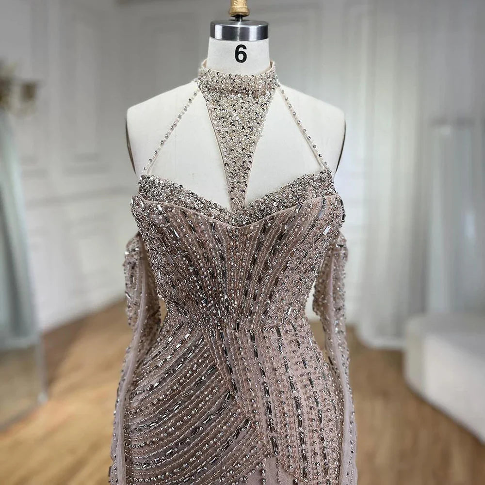 Caramel Mermaid Halter Sleeveless With Gloves Beaded Evening Gowns  Elegant Party Dresses For Women LA72232
