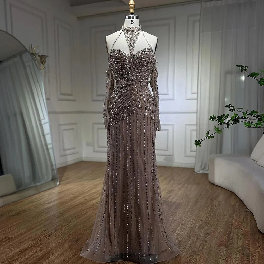 Caramel Mermaid Halter Sleeveless With Gloves Beaded Evening Gowns  Elegant Party Dresses For Women LA72232