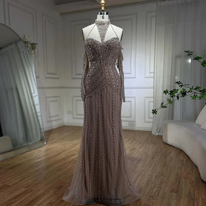 Caramel Mermaid Halter Sleeveless With Gloves Beaded Evening Gowns  Elegant Party Dresses For Women LA72232