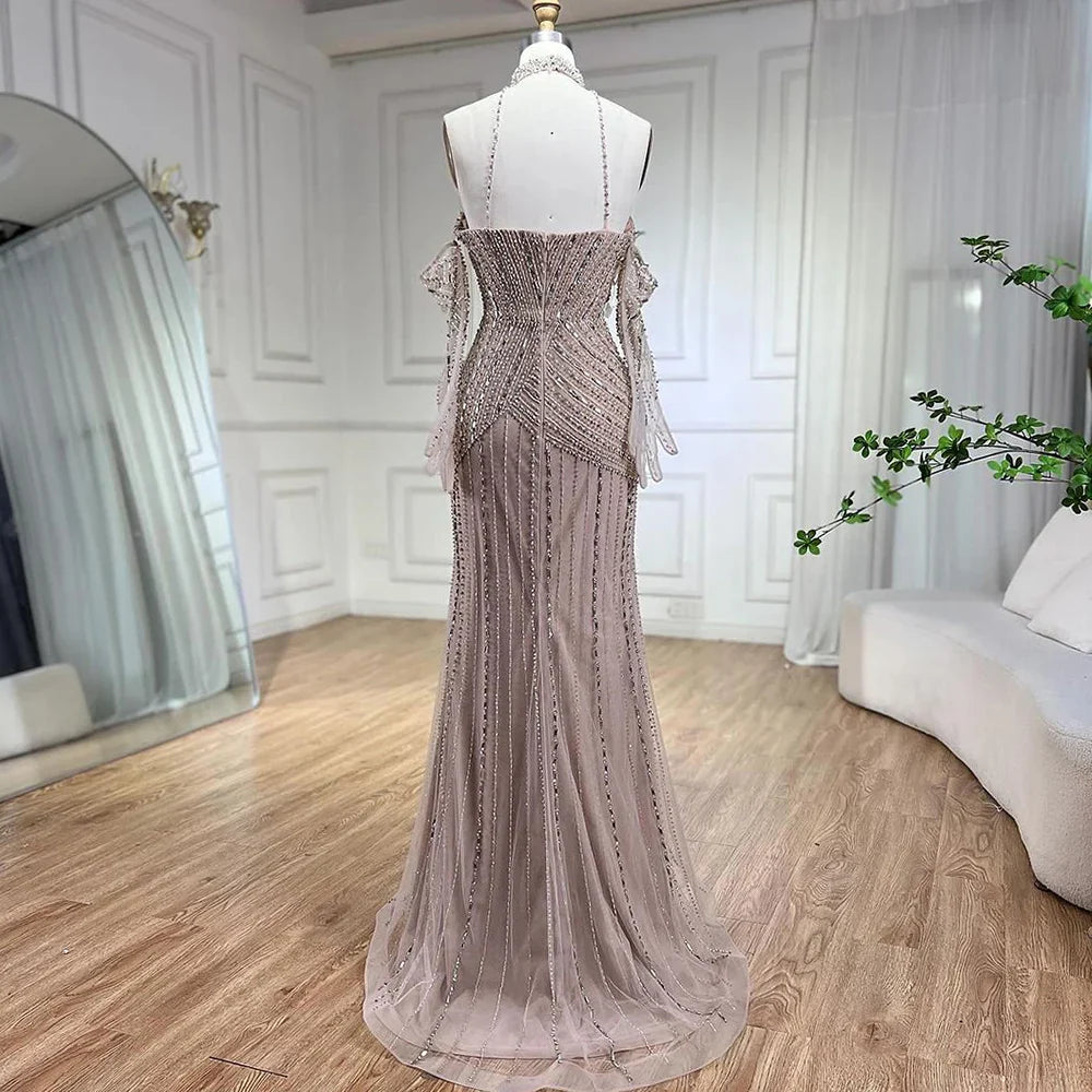 Caramel Mermaid Halter Sleeveless With Gloves Beaded Evening Gowns  Elegant Party Dresses For Women LA72232