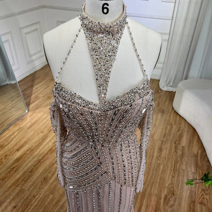 Caramel Mermaid Halter Sleeveless With Gloves Beaded Evening Gowns  Elegant Party Dresses For Women LA72232