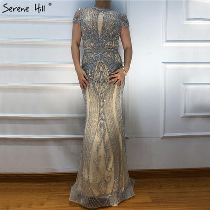 Dubai Long Sleeves Grey Luxury Evening Dresses O-Neck Full Diamond Mermaid Formal Dress 2025 Serene Hill Plus Size LA70116