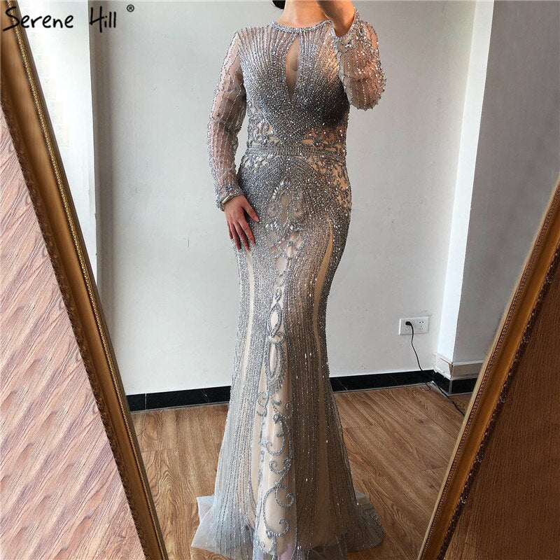 Dubai Long Sleeves Grey Luxury Evening Dresses O-Neck Full Diamond Mermaid Formal Dress 2025 Serene Hill Plus Size LA70116