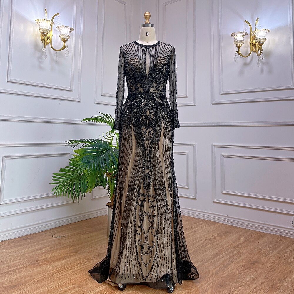 Dubai Long Sleeves Grey Luxury Evening Dresses O-Neck Full Diamond Mermaid Formal Dress 2025 Serene Hill Plus Size LA70116