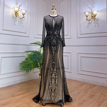 Dubai Long Sleeves Grey Luxury Evening Dresses O-Neck Full Diamond Mermaid Formal Dress 2025 Serene Hill Plus Size LA70116