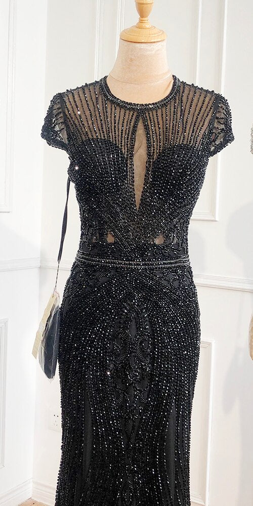 Dubai Long Sleeves Grey Luxury Evening Dresses O-Neck Full Diamond Mermaid Formal Dress 2025 Serene Hill Plus Size LA70116