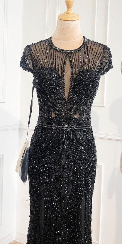 Dubai Long Sleeves Grey Luxury Evening Dresses O-Neck Full Diamond Mermaid Formal Dress 2025 Serene Hill Plus Size LA70116