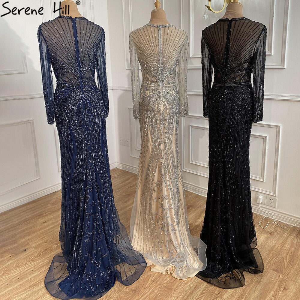 Dubai Long Sleeves Grey Luxury Evening Dresses O-Neck Full Diamond Mermaid Formal Dress 2025 Serene Hill Plus Size LA70116