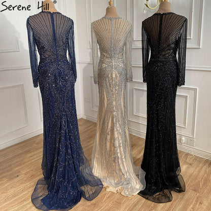 Dubai Long Sleeves Grey Luxury Evening Dresses O-Neck Full Diamond Mermaid Formal Dress 2025 Serene Hill Plus Size LA70116