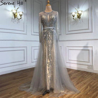 Dubai Long Sleeves Grey Luxury Evening Dresses O-Neck Full Diamond Mermaid Formal Dress 2025 Serene Hill Plus Size LA70116