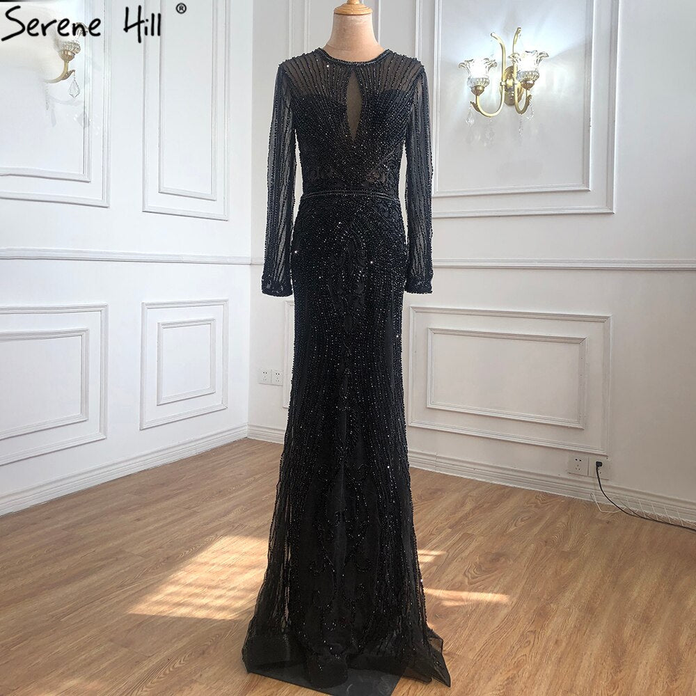 Dubai Long Sleeves Grey Luxury Evening Dresses O-Neck Full Diamond Mermaid Formal Dress 2025 Serene Hill Plus Size LA70116