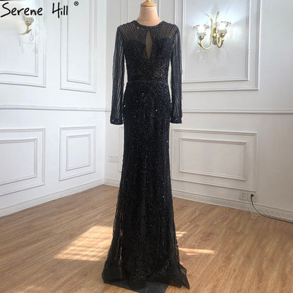 Dubai Long Sleeves Grey Luxury Evening Dresses O-Neck Full Diamond Mermaid Formal Dress 2025 Serene Hill Plus Size LA70116