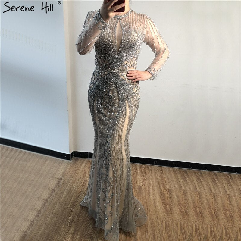 Dubai Long Sleeves Grey Luxury Evening Dresses O-Neck Full Diamond Mermaid Formal Dress 2025 Serene Hill Plus Size LA70116