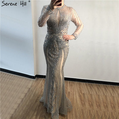 Dubai Long Sleeves Grey Luxury Evening Dresses O-Neck Full Diamond Mermaid Formal Dress 2025 Serene Hill Plus Size LA70116