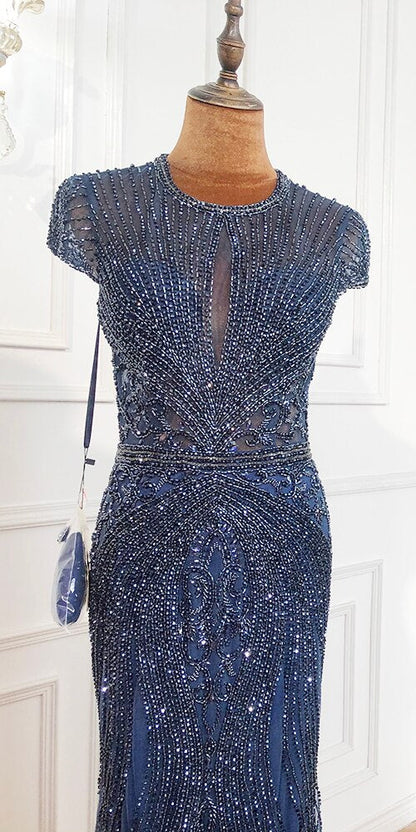 Dubai Long Sleeves Grey Luxury Evening Dresses O-Neck Full Diamond Mermaid Formal Dress 2025 Serene Hill Plus Size LA70116