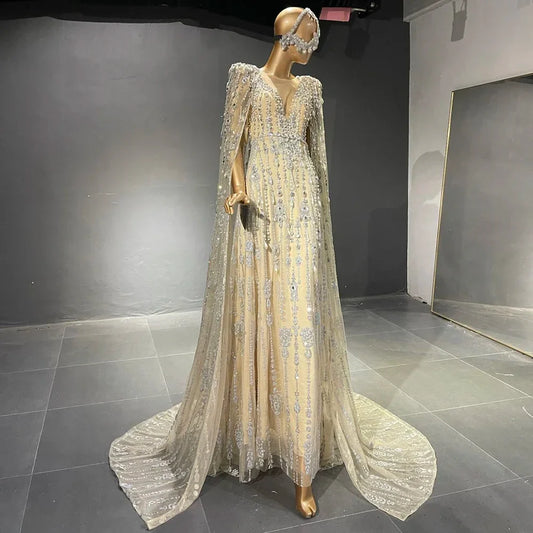 Gold Luxury Cape Sleeve Evening Dresses Gowns 2025 Beaded A-Line High-end For Women Party Serene Hill Couture LA71463