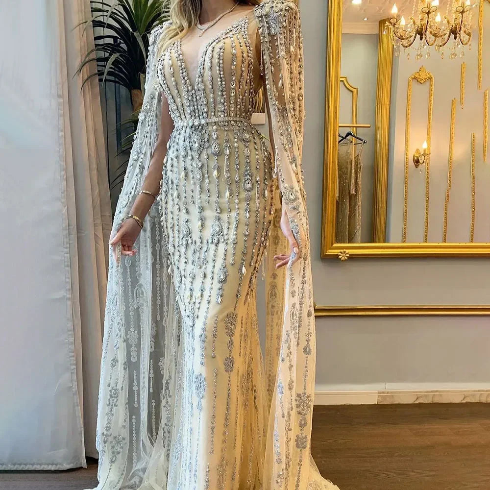 Gold Luxury Cape Sleeve Evening Dresses Gowns 2025 Beaded A-Line High-end For Women Party Serene Hill Couture LA71463