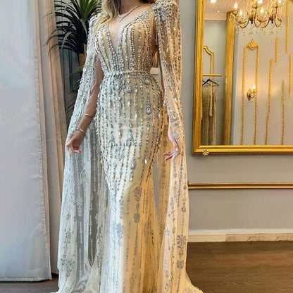 Gold Luxury Cape Sleeve Evening Dresses Gowns 2025 Beaded A-Line High-end For Women Party Serene Hill Couture LA71463