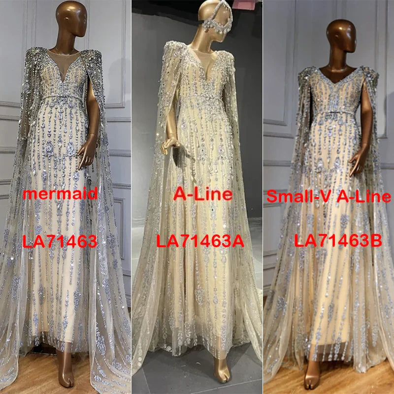 Gold Luxury Cape Sleeve Evening Dresses Gowns 2025 Beaded A-Line High-end For Women Party Serene Hill Couture LA71463