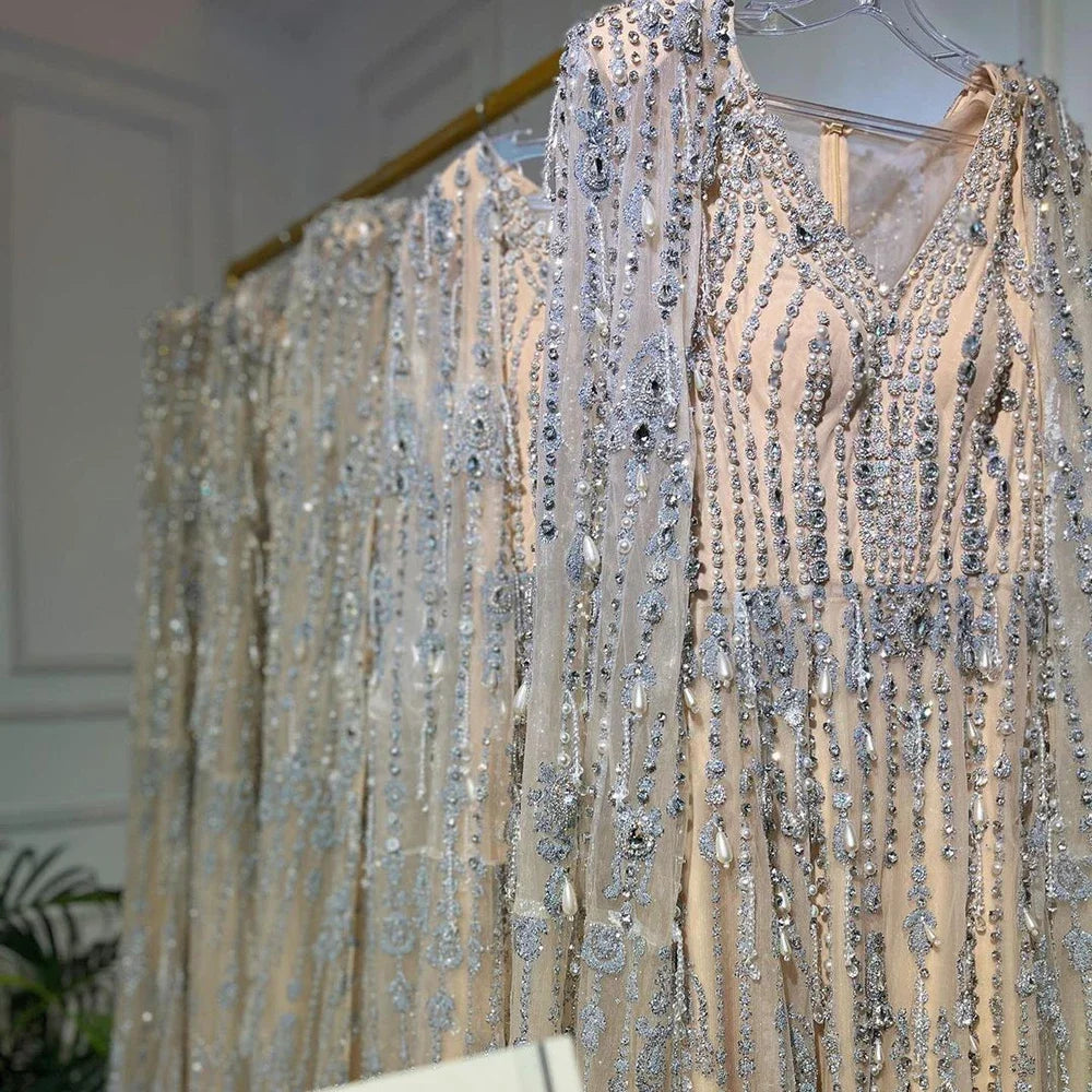 Gold Luxury Cape Sleeve Evening Dresses Gowns 2025 Beaded A-Line High-end For Women Party Serene Hill Couture LA71463