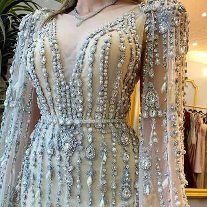 Gold Luxury Cape Sleeve Evening Dresses Gowns 2025 Beaded A-Line High-end For Women Party Serene Hill Couture LA71463