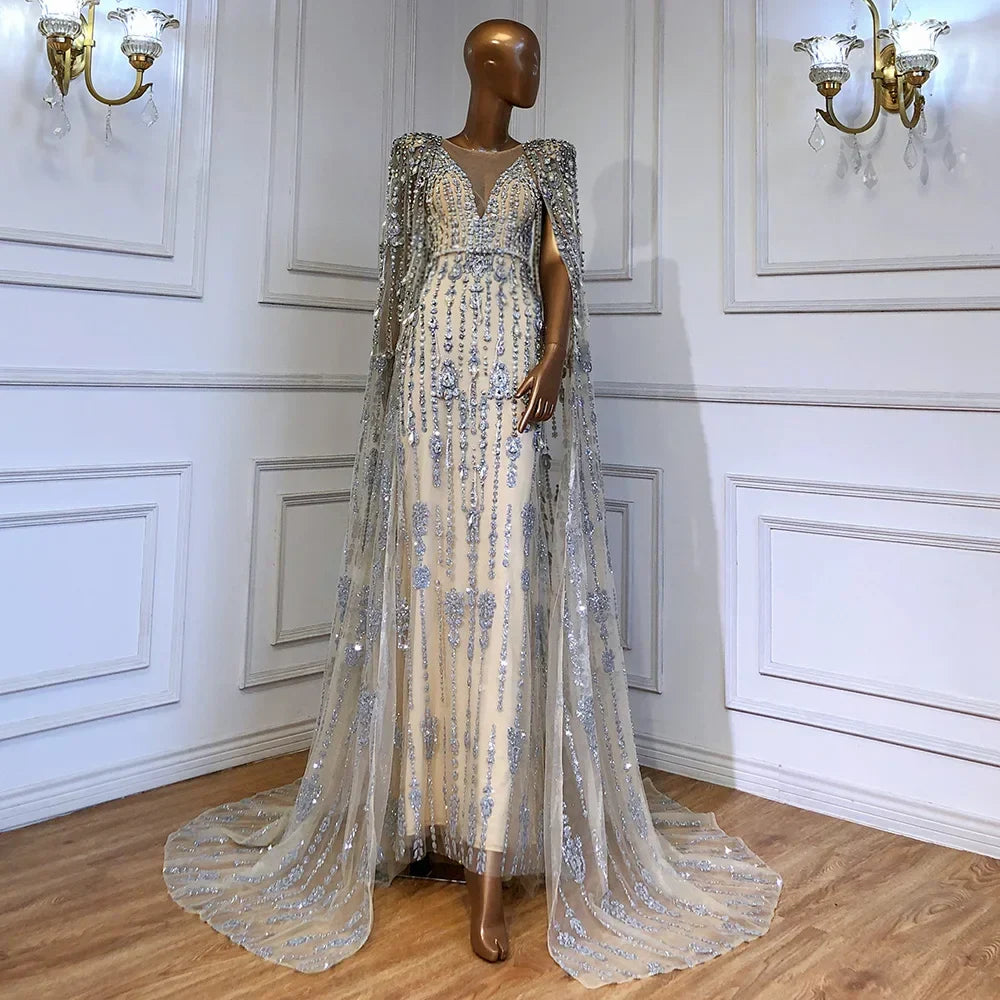 Gold Luxury Cape Sleeve Evening Dresses Gowns 2025 Beaded A-Line High-end For Women Party Serene Hill Couture LA71463