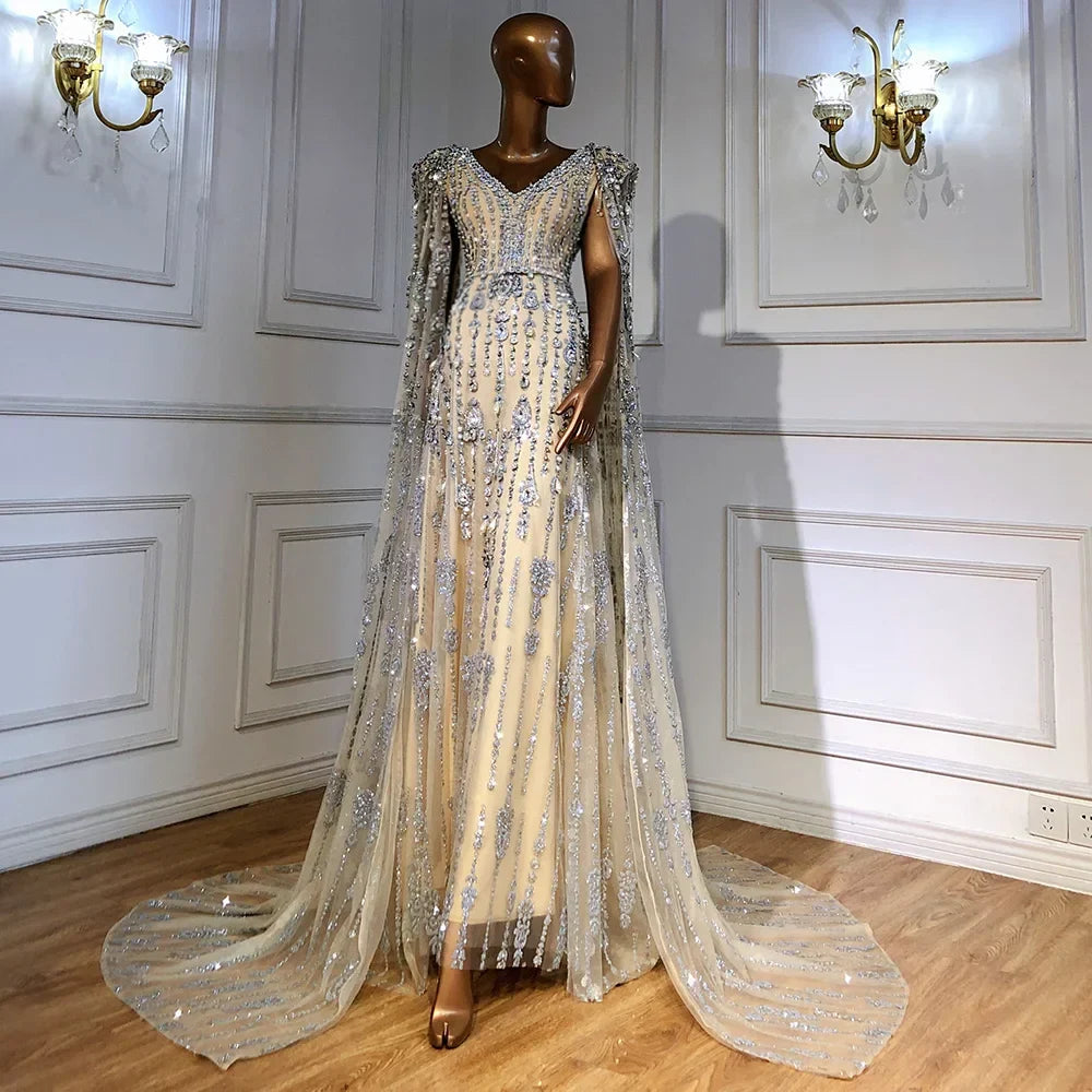 Gold Luxury Cape Sleeve Evening Dresses Gowns 2025 Beaded A-Line High-end For Women Party Serene Hill Couture LA71463