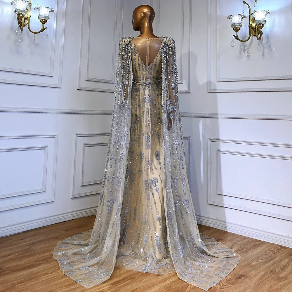 Gold Luxury Cape Sleeve Evening Dresses Gowns 2025 Beaded A-Line High-end For Women Party Serene Hill Couture LA71463
