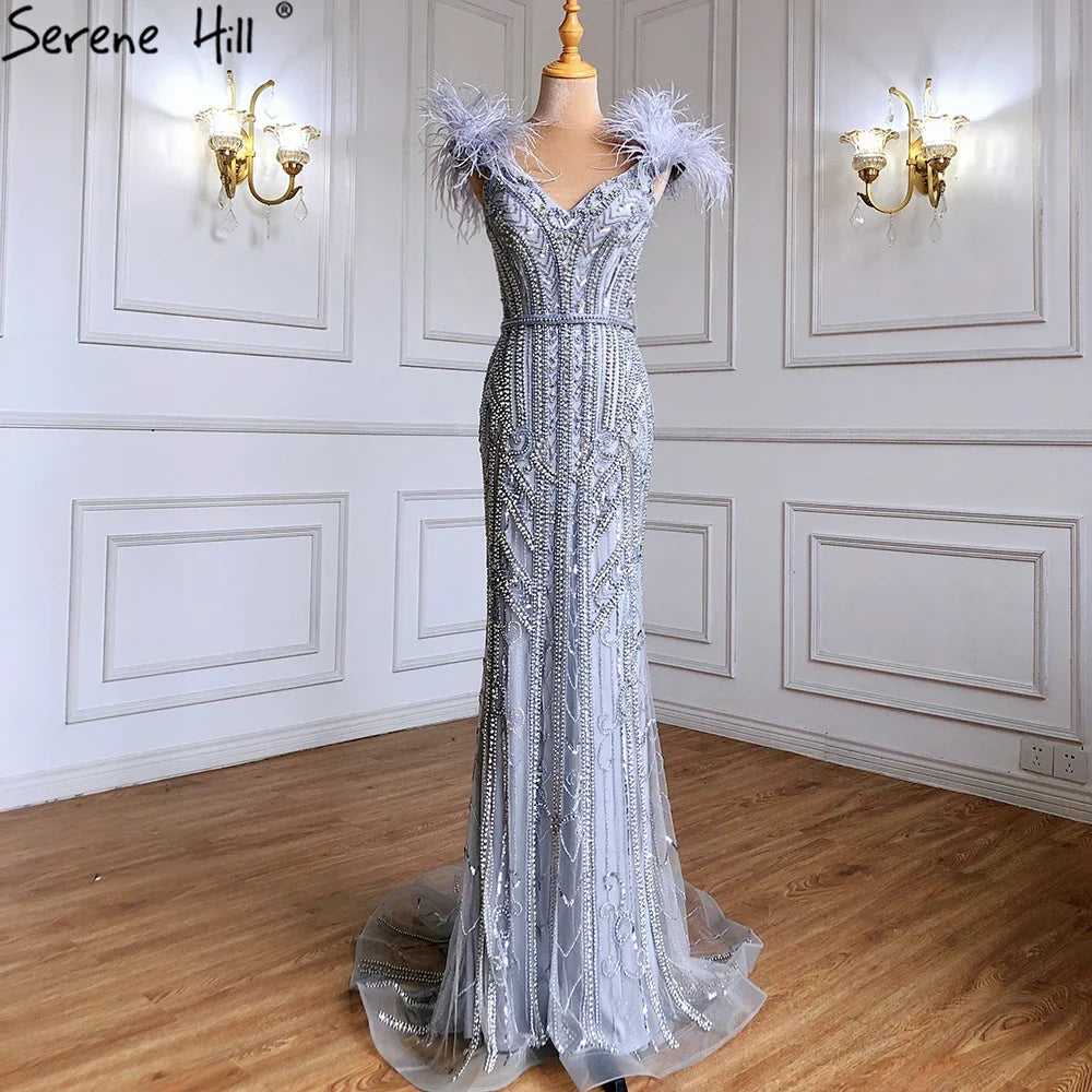 Luxury Lilac Beaded Mermaid Evening Dress Gown with Feathers LA70830