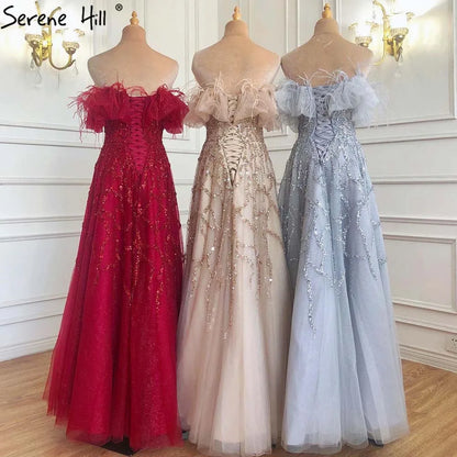 Luxury Turquoise Beaded Feather A Line Evening Dress LA71328