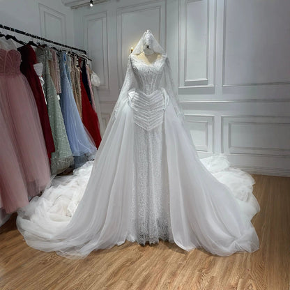 Luxury White Long Sleeve Beaded Corset Wedding Dress HA2535