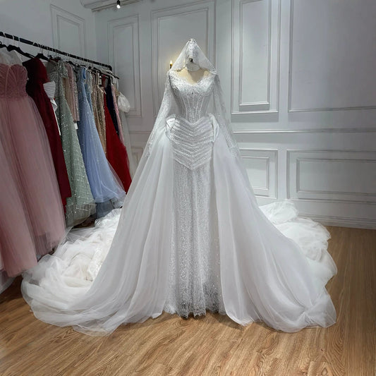 Luxury White Long Sleeve Beaded Corset Wedding Dress HA2535
