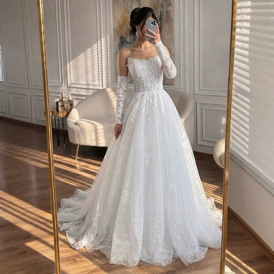 Luxury White Strapless Lace Corset Detachable Sleeve A Line Dress HA2536