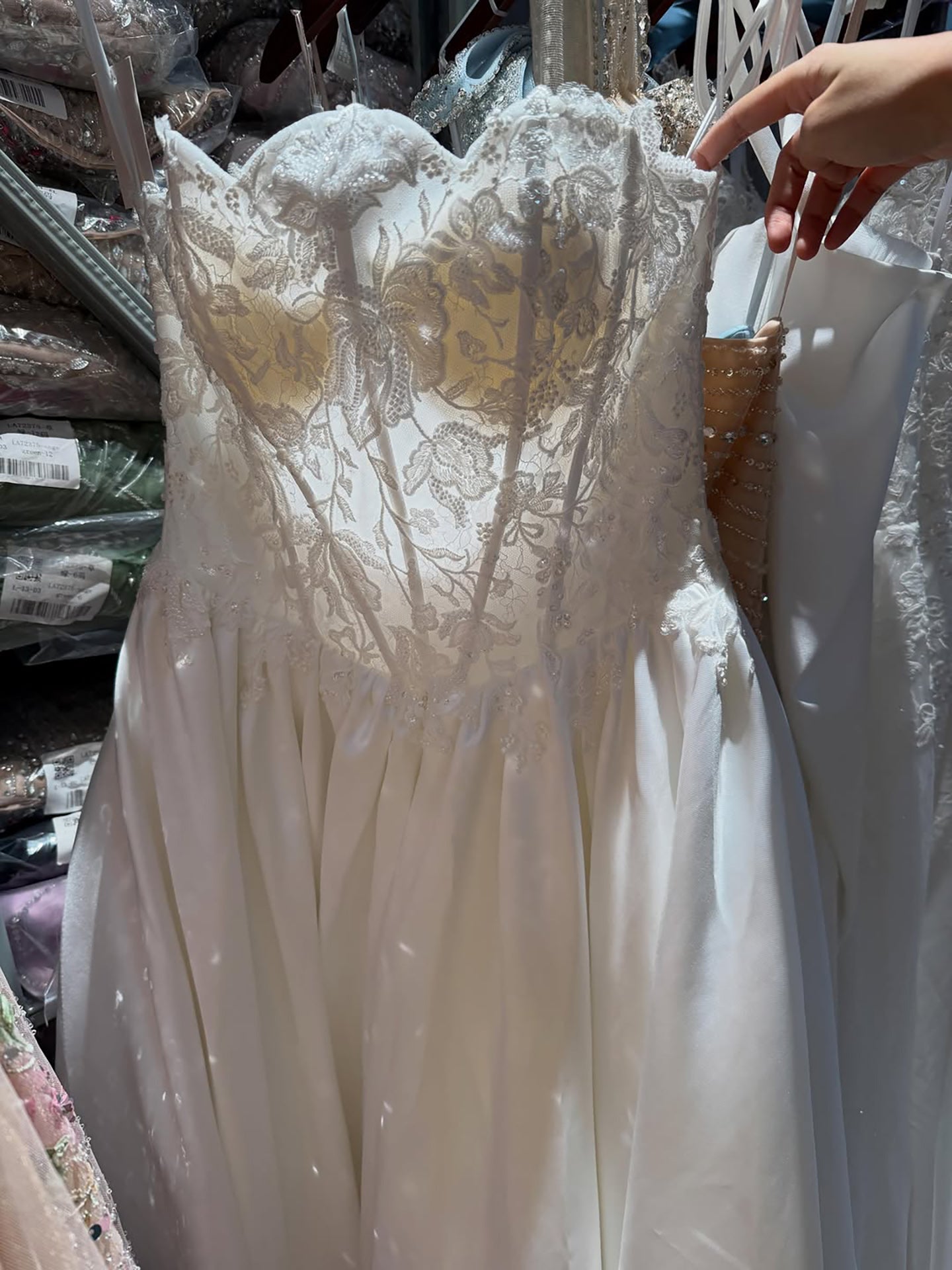 Luxury White Strapless See Through Lace Corset Satin A Line Dress HA2537