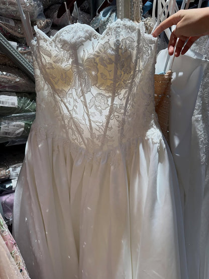 Luxury White Strapless See Through Lace Corset Satin A Line Dress HA2537