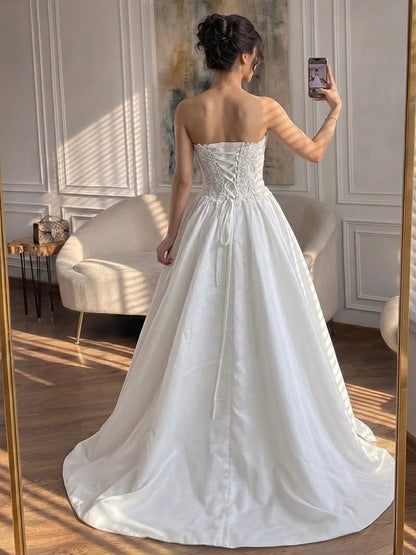 Luxury White Strapless See Through Lace Corset Satin A Line Dress HA2537