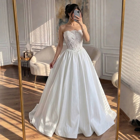 Luxury White Strapless See Through Lace Corset Satin A Line Dress HA2537