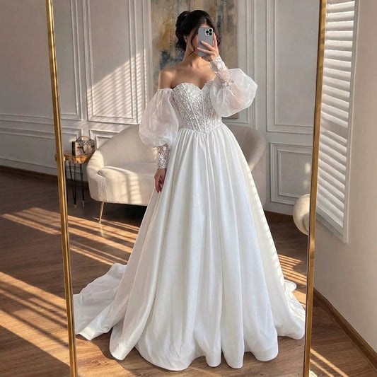 Luxury White Off Shoulder Beaded Basque Corset Puff Sleeve Dress HA2538