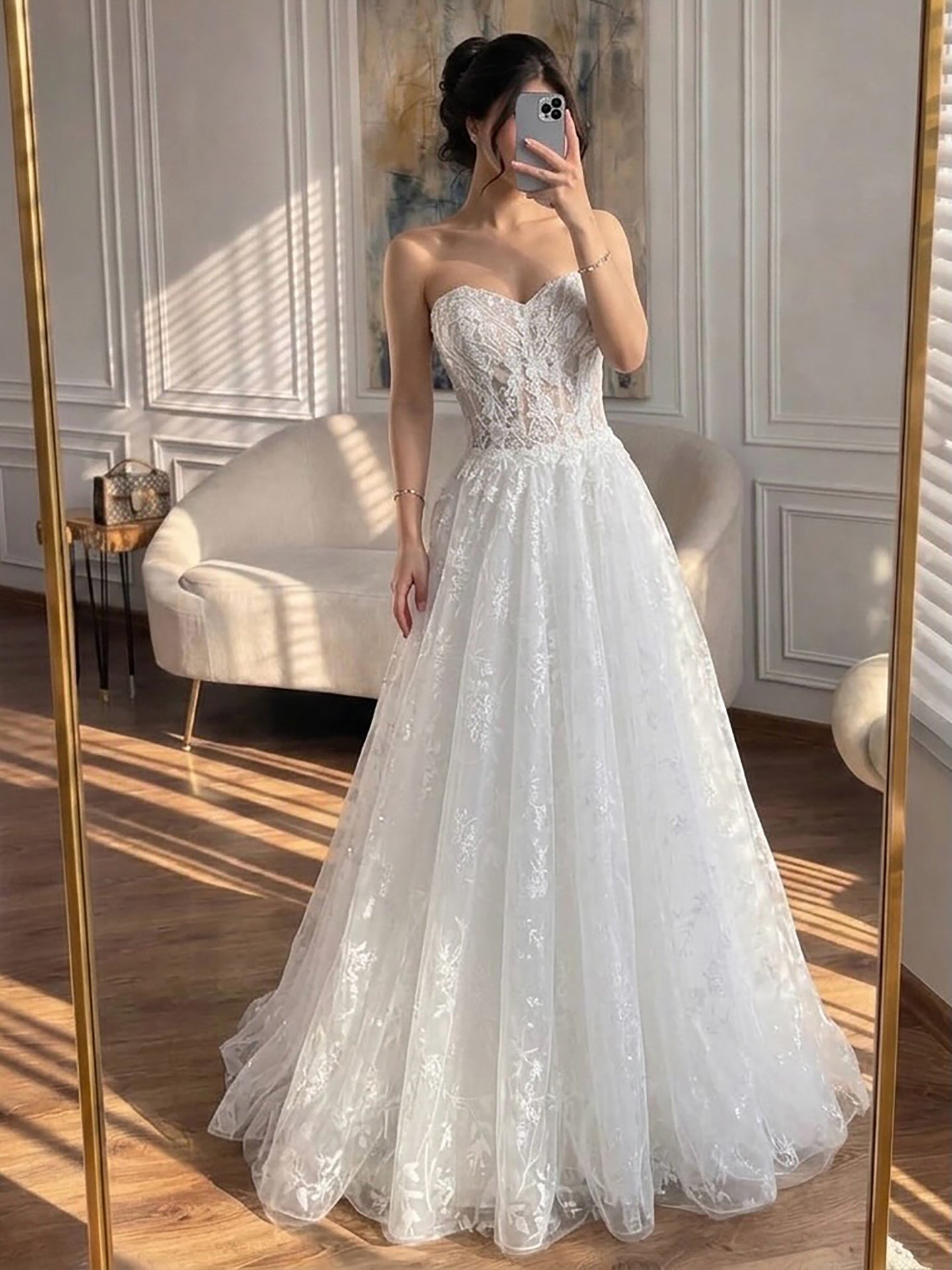Luxury White Lace Strapless A-Line Bridal Wedding Dress HA2539