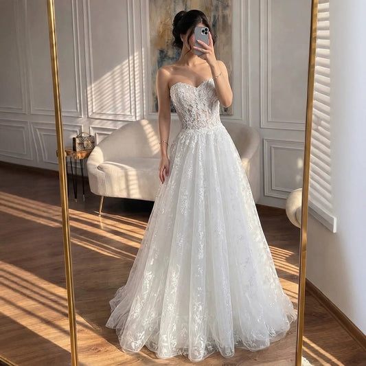 Luxury White Lace Strapless A-Line Bridal Wedding Dress HA2539