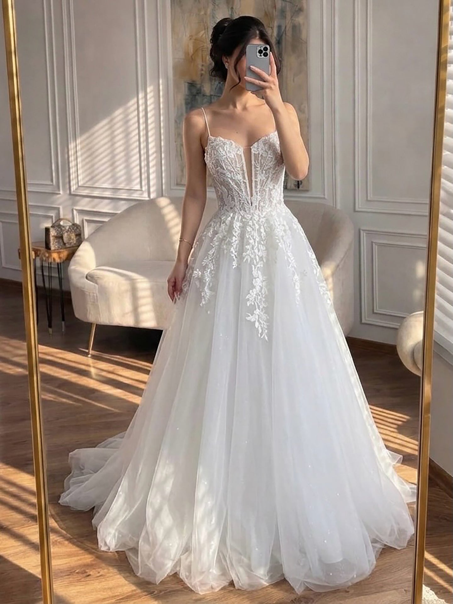 Luxury White Lace Spaghetti Straps Deep V-Neck Wedding Dress HA2540