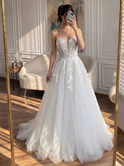Luxury White Lace Spaghetti Straps Deep V-Neck Wedding Dress HA2540