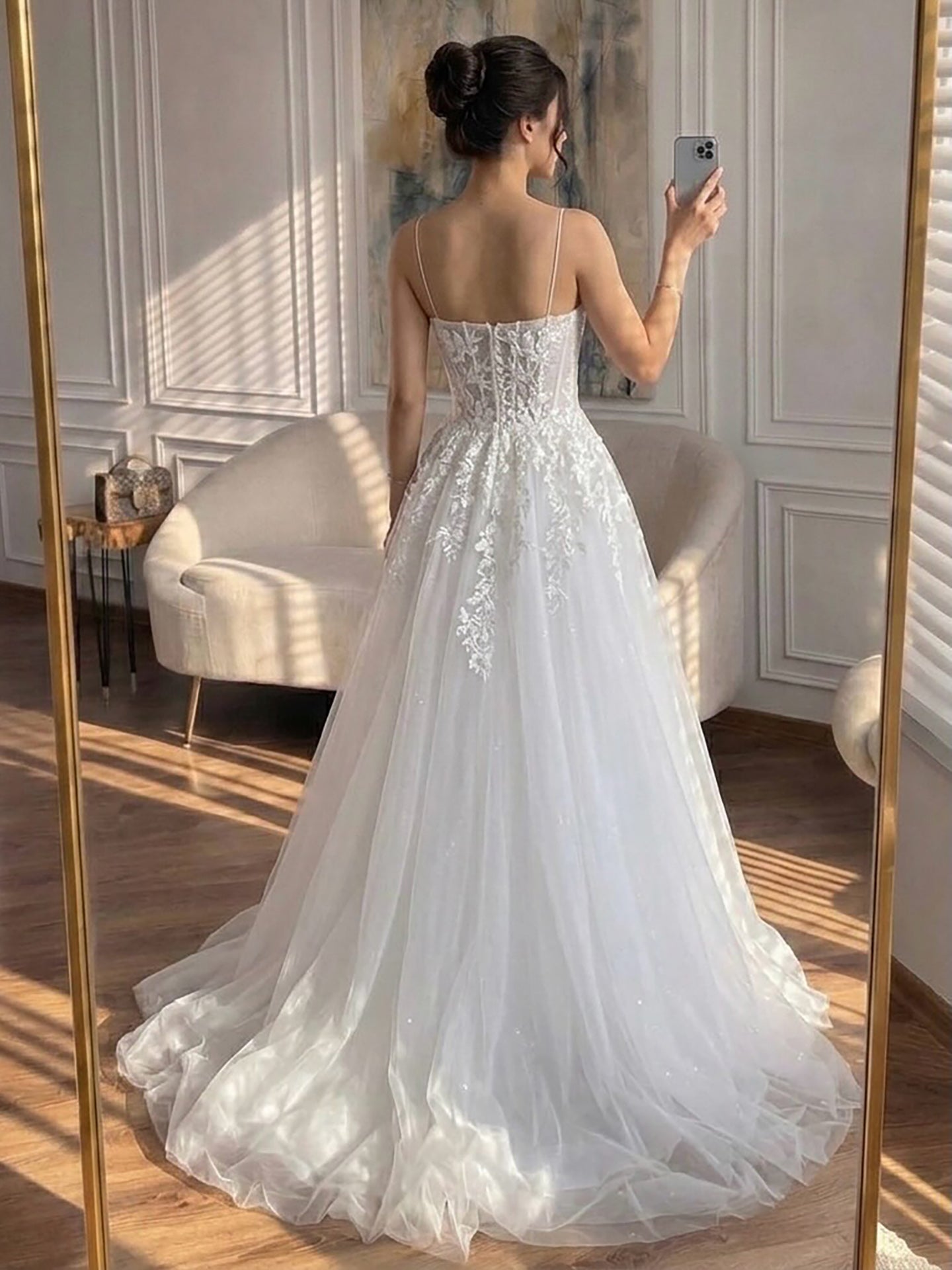 Luxury White Lace Spaghetti Straps Deep V-Neck Wedding Dress HA2540