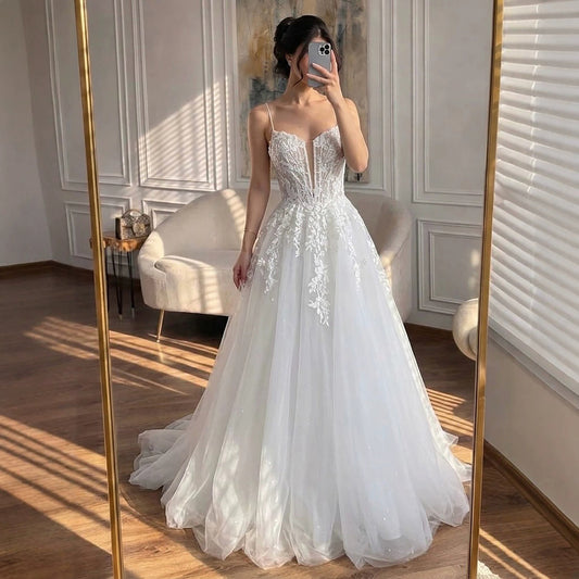 Luxury White Lace Spaghetti Straps Deep V-Neck Wedding Dress HA2540