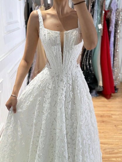 Luxury White Lace Square Neck Deep V Cutout A-Line Wedding Dress HA2543