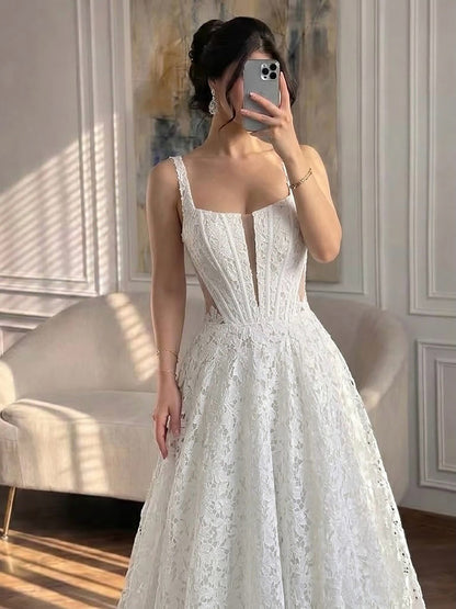 Luxury White Lace Square Neck Deep V Cutout A-Line Wedding Dress HA2543